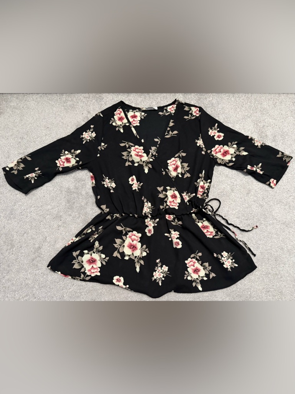 Sienna Sky Black Floral Wrap Top with Pink Roses